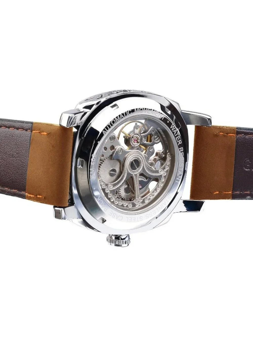 Men's Silver Brown Mechanical Leather Strap Self-Wind Carved Automatic Watch